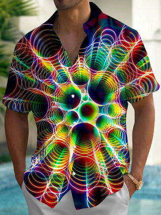 Adaychic Men's Geometric Abstract Swirl Circle Print Short Sleeve Button Down Shirt with Chest Pocket