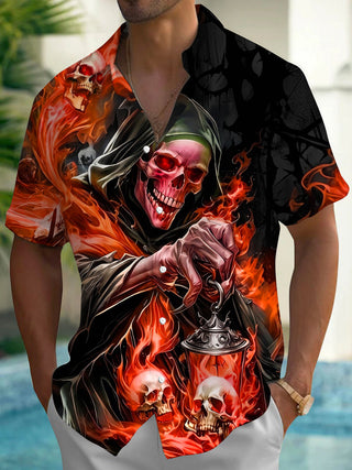 Adaychic Men's Graphic Grim Reaper Skull Flame Print Short Sleeve Button Down Shirt with Chest Pocket