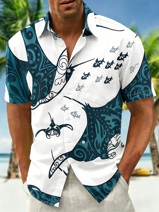 Hawaiian Ocean Manta Rays Men's Pocket Short Sleeve Shirts