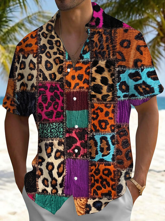 Hawaiian Colorful Leopard Geometric Patterns Men's Pocket Short Sleeve Shirts