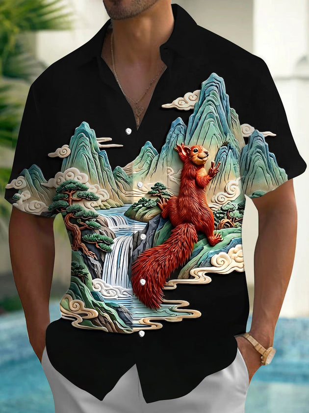 Artistic Landscape Squirrels Men's Pocket Short Sleeve Shirts