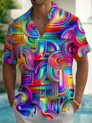 Adaychic Men's Abstract Rainbow Geometric Swirl Print Short Sleeve Shirt with Chest Pocket