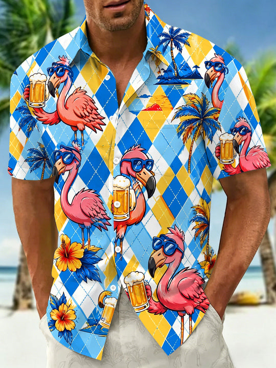 Hawaiian Lattice Flamingo Beer Men's Pocket Short Sleeve Shirts