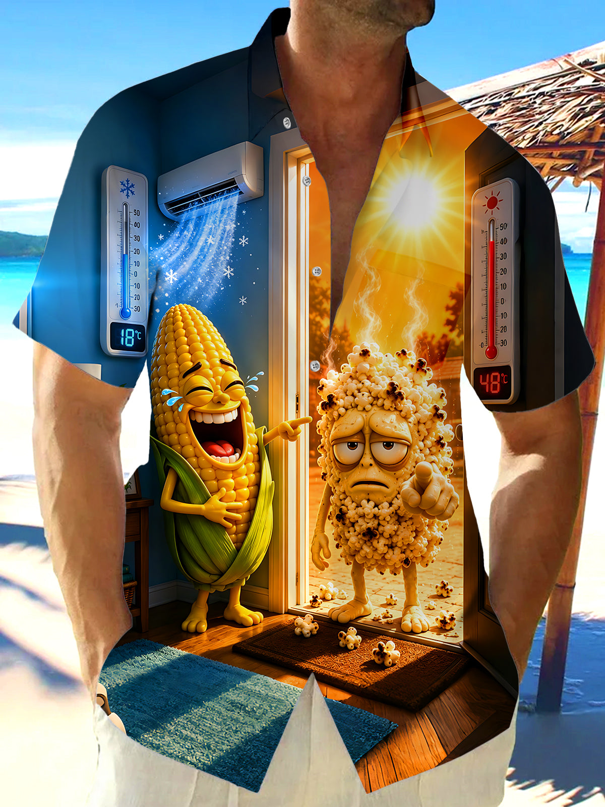 Fun Anthropomorphic Corn Popcorn Temperature Difference Comparison Men's Pocket Short Sleeve Shirts