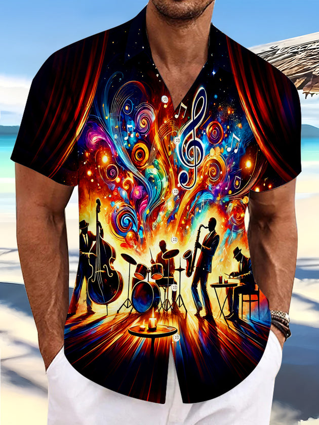 Colorful Music Notes Jazz Band Stage Performances Men's Pocket Short Sleeve Shirts