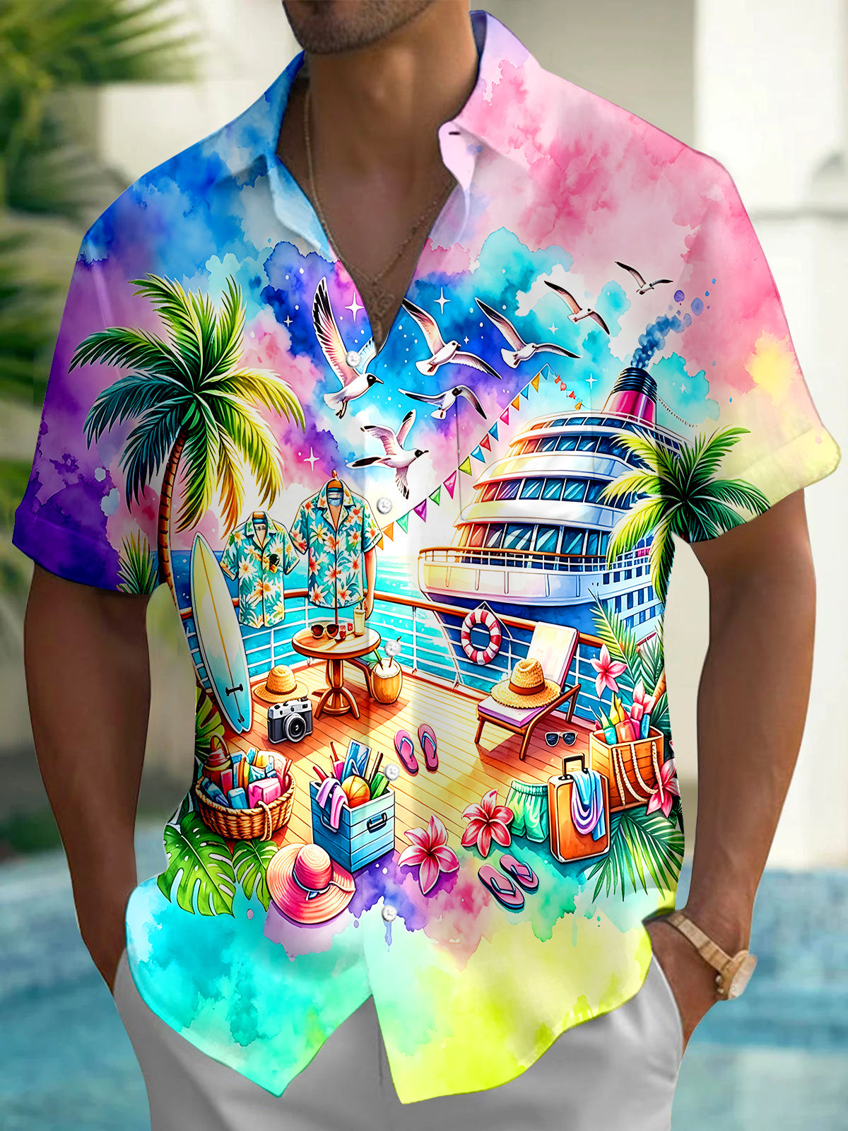 Hawaiian Colorful Tie-Dye Cruise Vacations Men's Pocket Short Sleeve Shirts