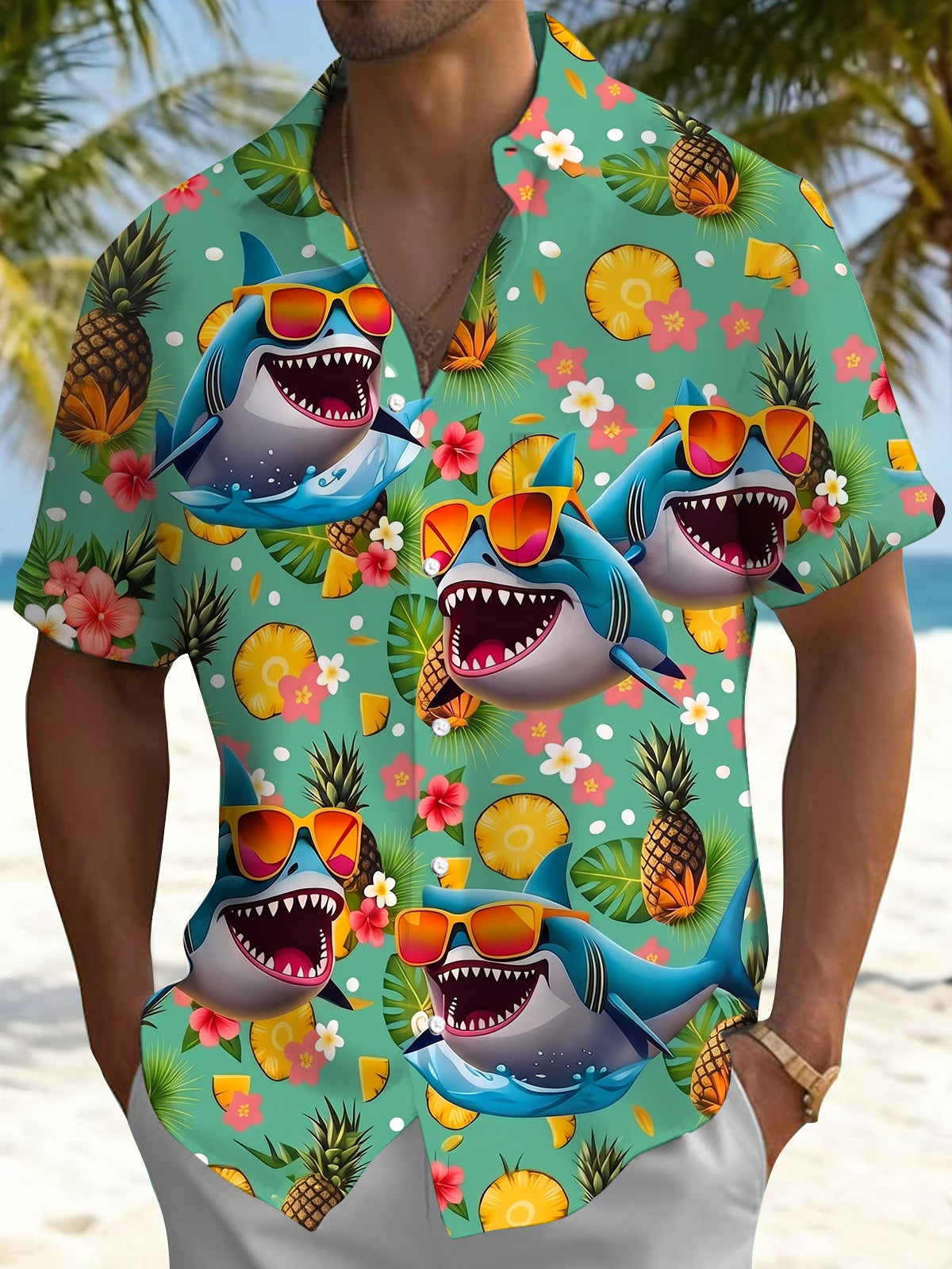 Fun Hawaiian Pineapple Sunglass Shark Vacations Men's Pocket Short Sleeve Shirts