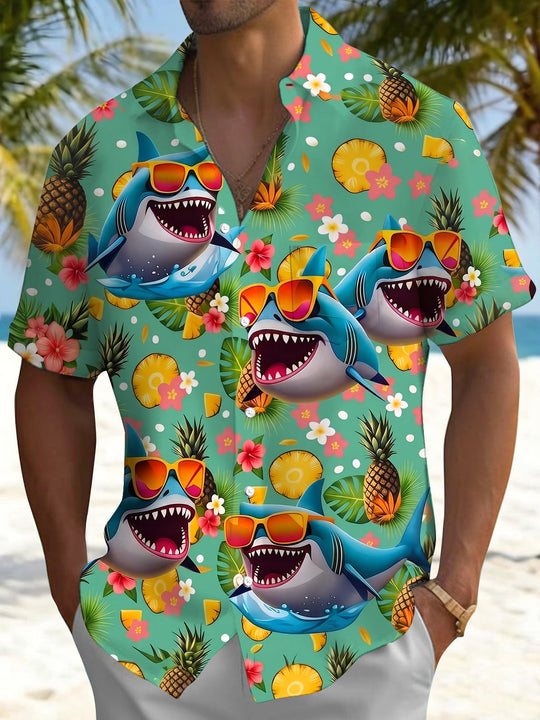 Fun Hawaiian Pineapple Sunglass Shark Vacations Men's Pocket Short Sleeve Shirts