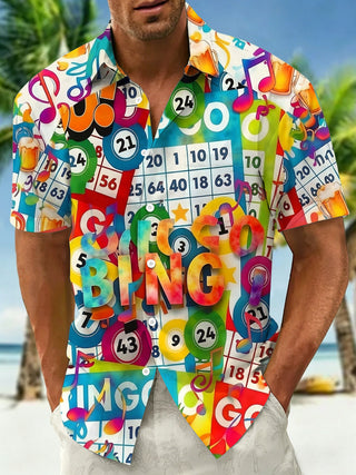 Adaychic Men's Graphic Go Bingo Game Print Short Sleeve Button Down Shirt with Chest Pocket