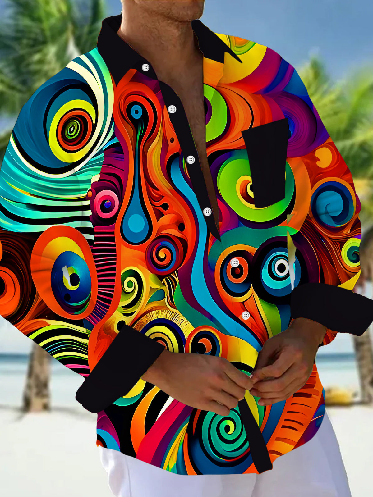 Colorful Abstract Colorful Spiral Vortex Textures Men's Pocket Long Sleeve Shirts