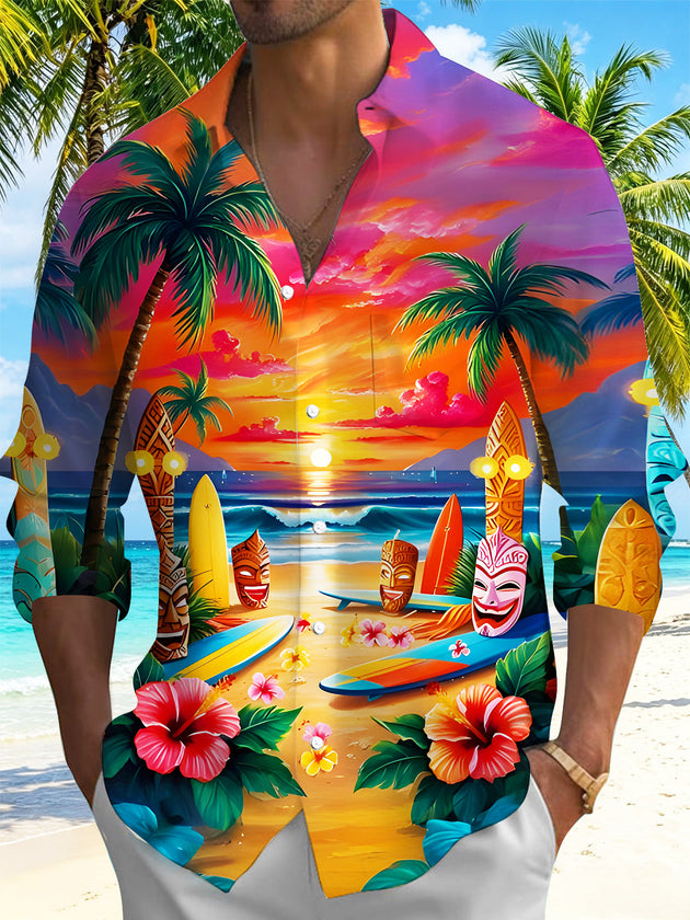 Fun Hawaiian Tiki Masks Beach Sunsets Men's Pocket Long Sleeve Shirts