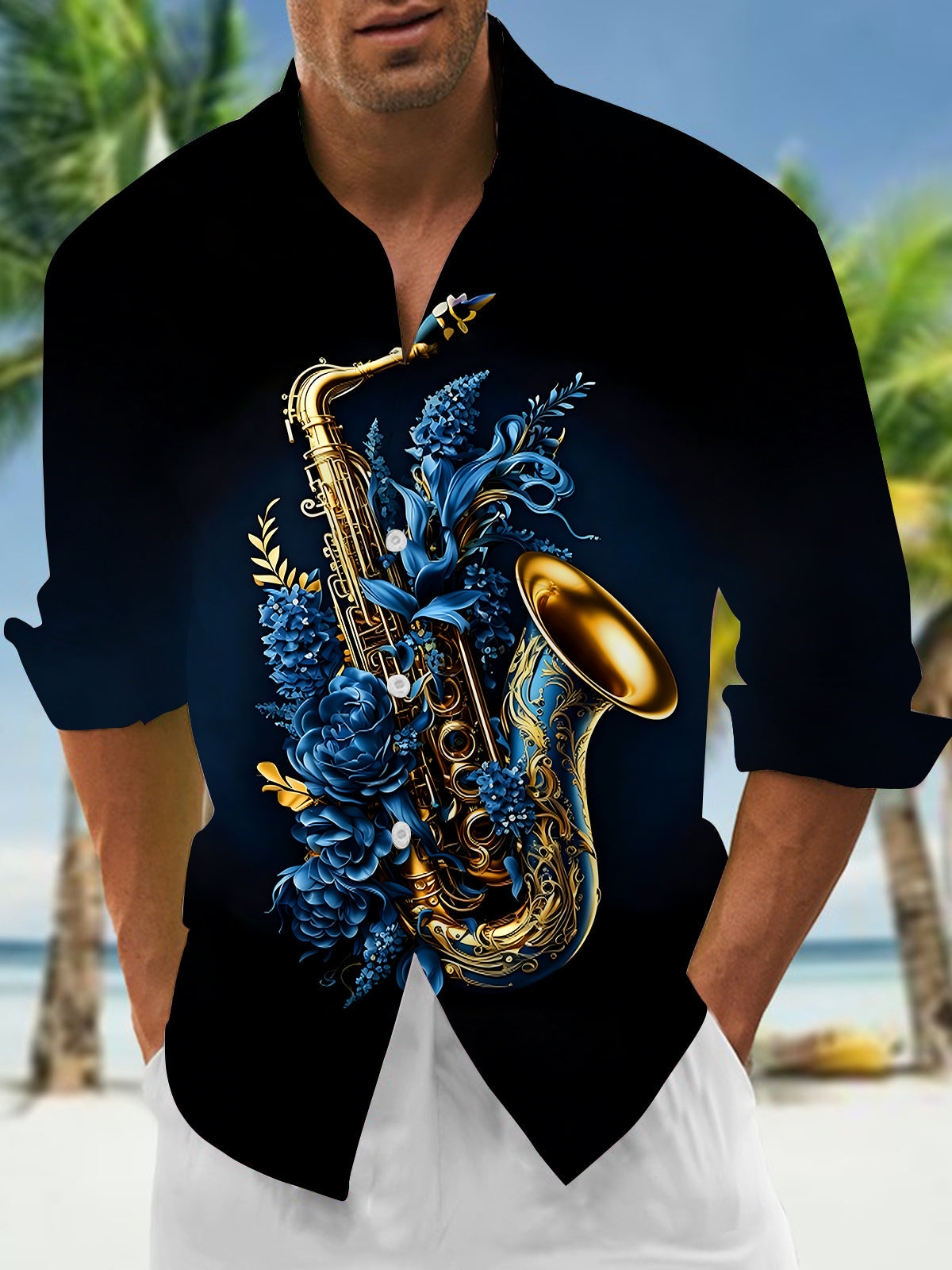 Artistic Gilded Saxophone Music Instruments Men's Pocket Long Sleeve Shirts