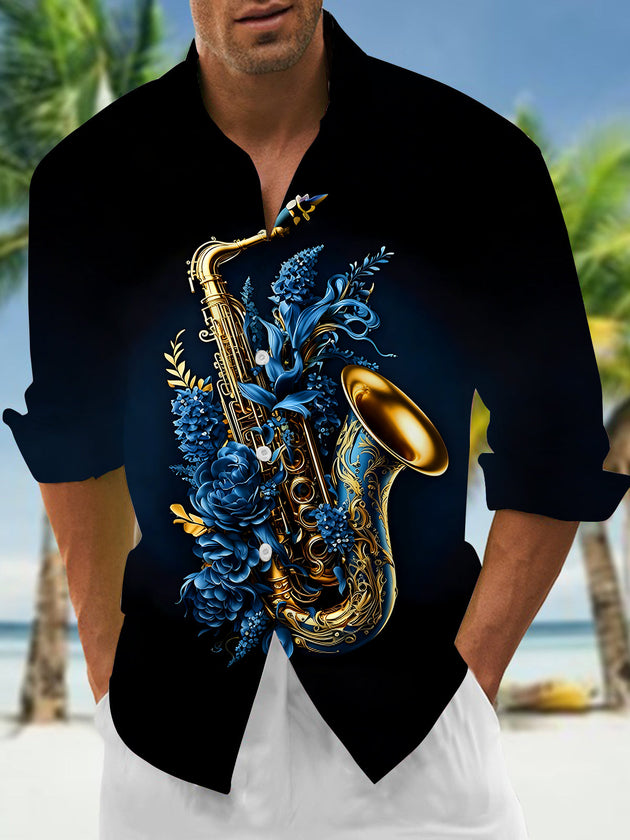 Artistic Gilded Saxophone Music Instruments Men's Pocket Long Sleeve Shirts