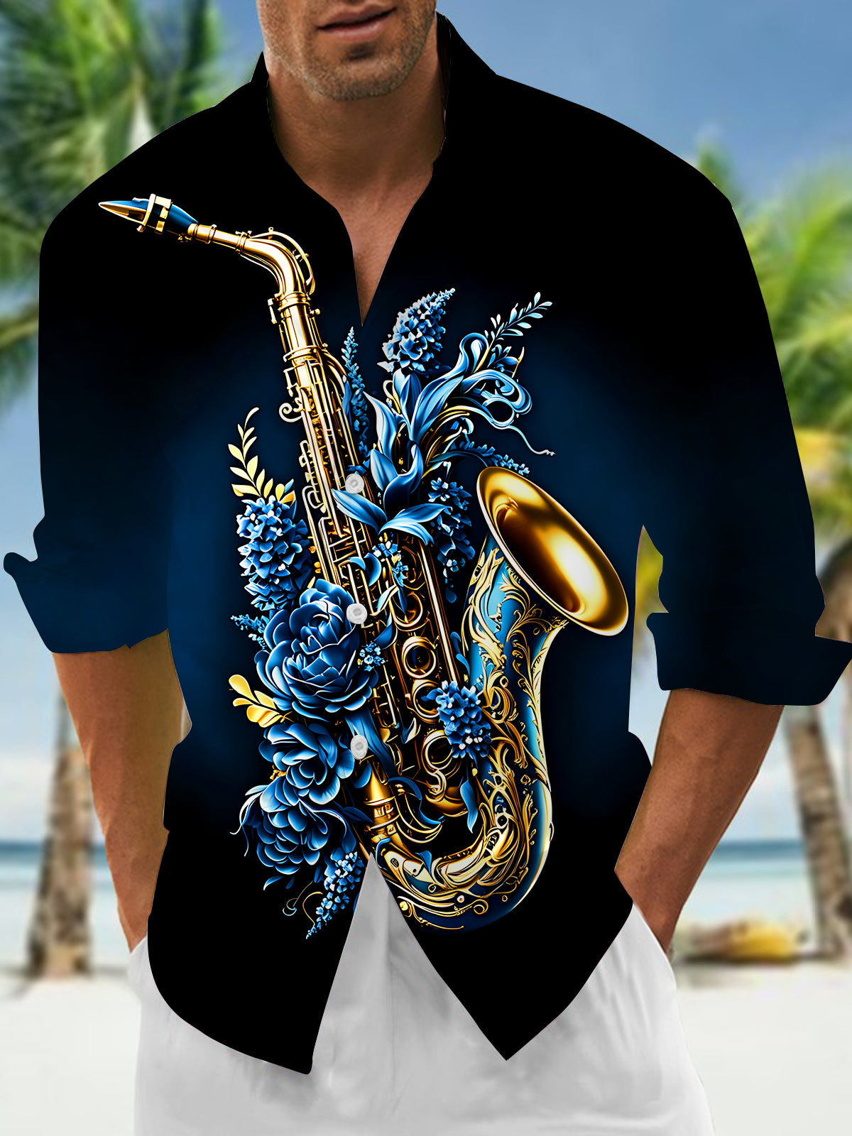 Adaychic Men's Gold Graphic Saxophone Blue Floral Print Long Sleeve Button Down Shirt with Chest Pocket