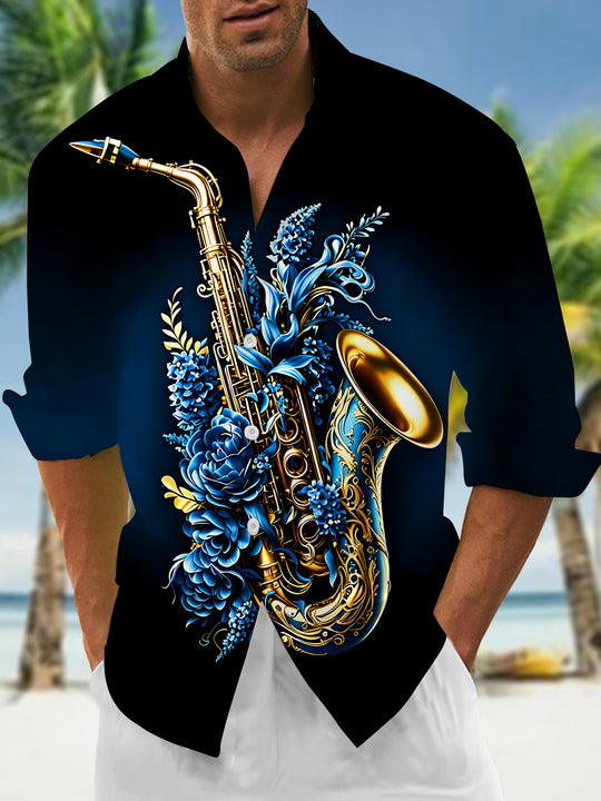 Adaychic Men's Gold Graphic Saxophone Blue Floral Print Long Sleeve Button Down Shirt with Chest Pocket