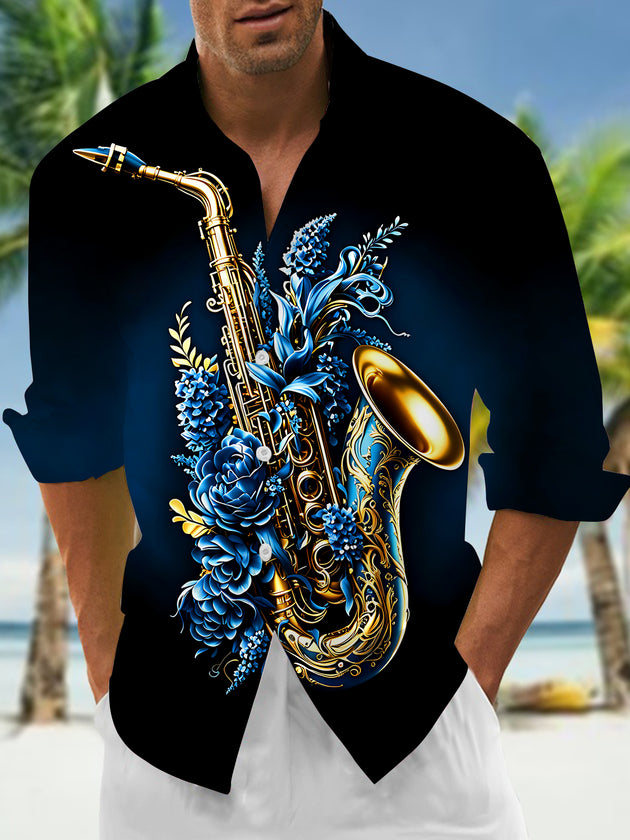 Adaychic Men's Graphic Saxophone Blue Floral Print Long Sleeve Button Down Shirt with Chest Pocket