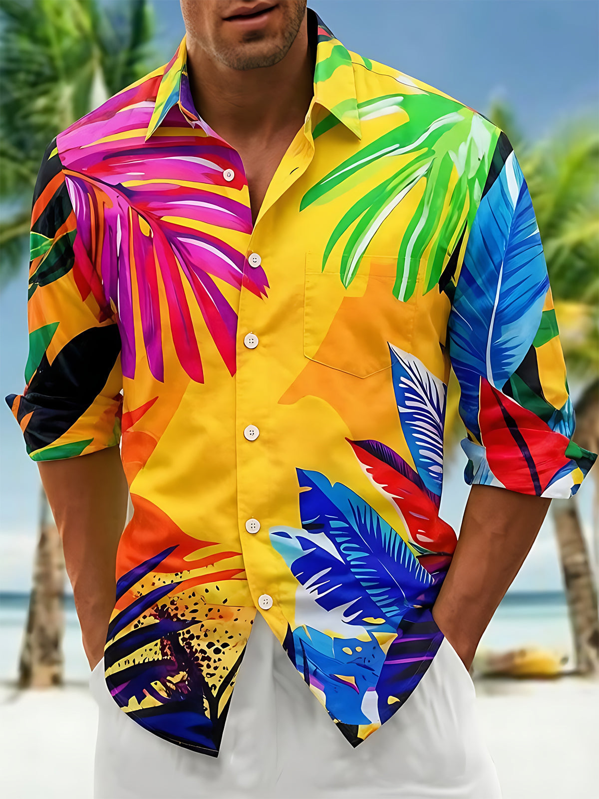 Hawaiian Tropical Colorful Palm Leaves Men's Pocket Long Sleeve Shirts