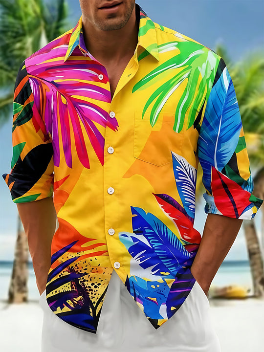 Hawaiian Tropical Colorful Palm Leaves Men's Pocket Long Sleeve Shirts