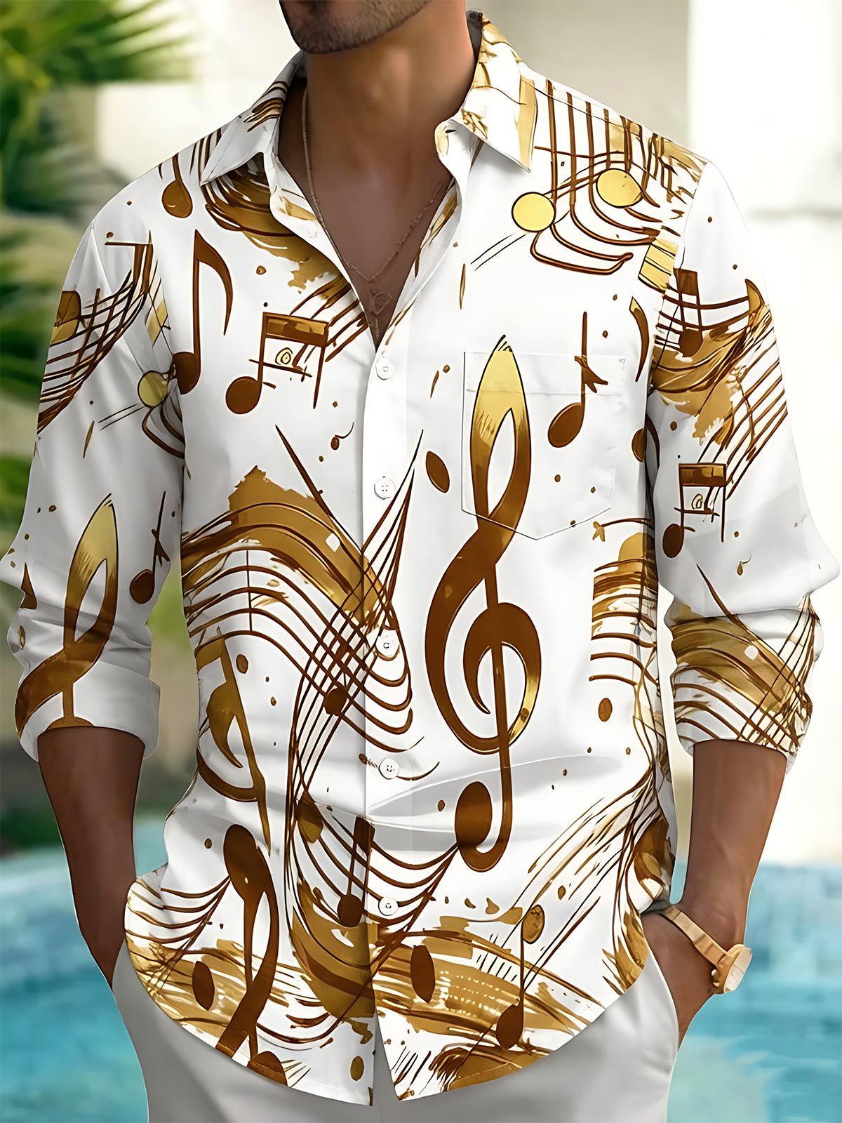 Vintage Golden Music Notes Staff Men's Pocket Long Sleeve Shirts