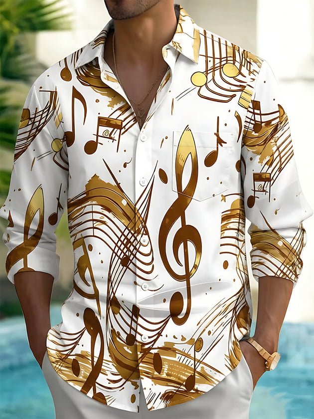 Vintage Golden Music Notes Staff Men's Pocket Long Sleeve Shirts