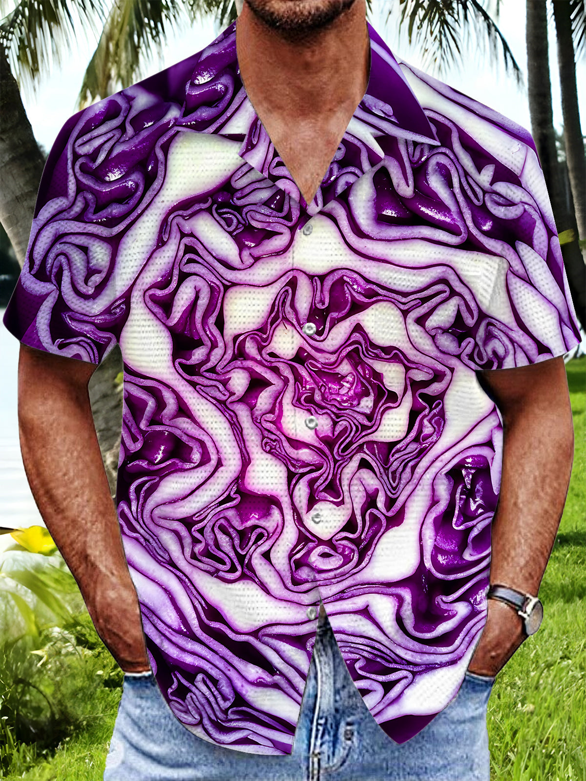 Artistic Purple Cabbage 3D Texture Men's Pocket Cuban Collar Short Sleeve Shirt