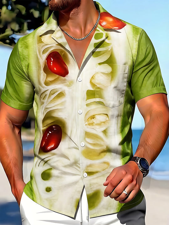 Realistic Bitter Melon Pulp Fruit Seeds Men's Pocket Cuban Collar Short Sleeve Shirt