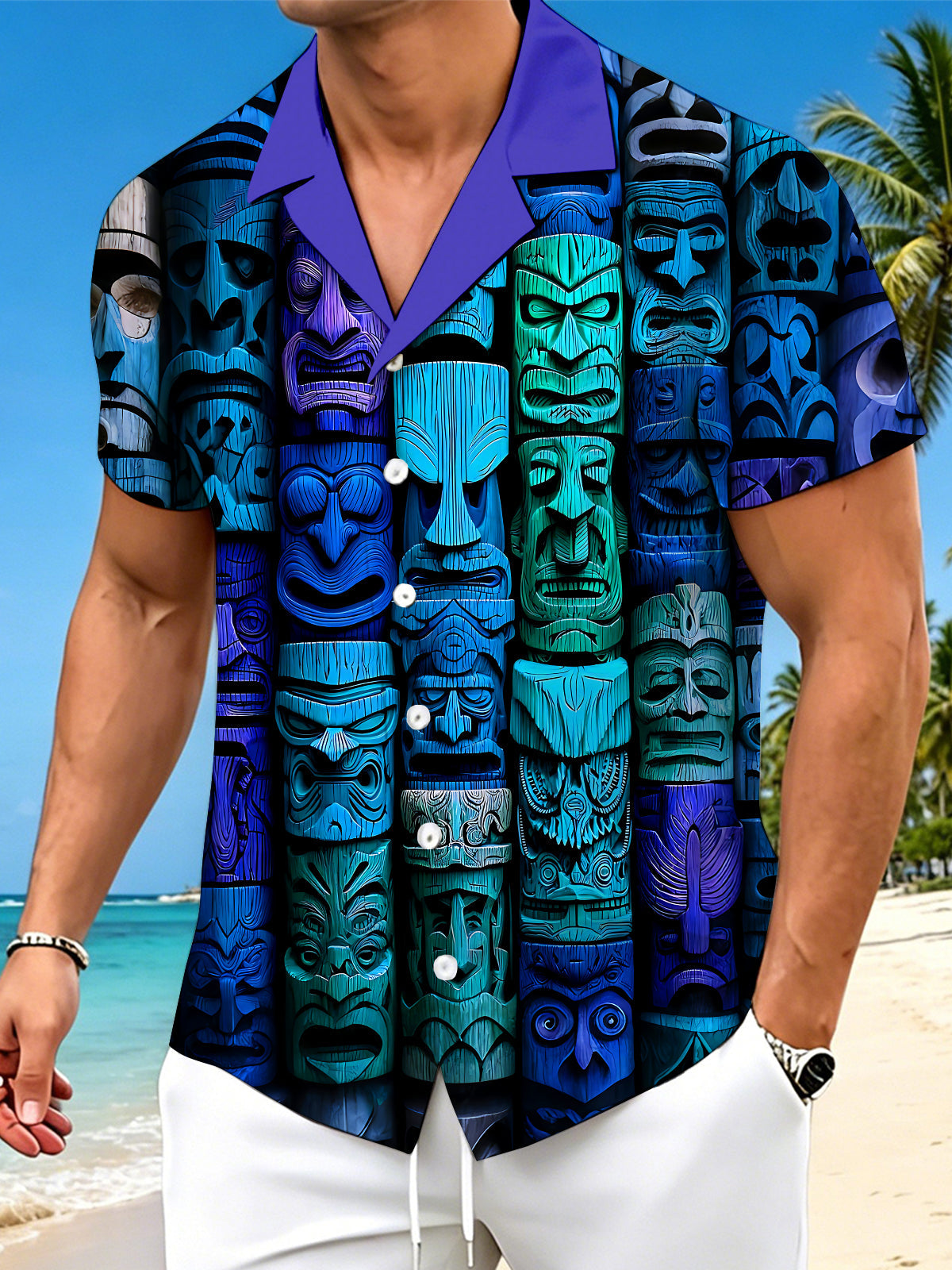 Hawaiian Tiki Wood Carving Mask Ethnic Totem Men's Pocket Cuban Collar Short Sleeve Shirt