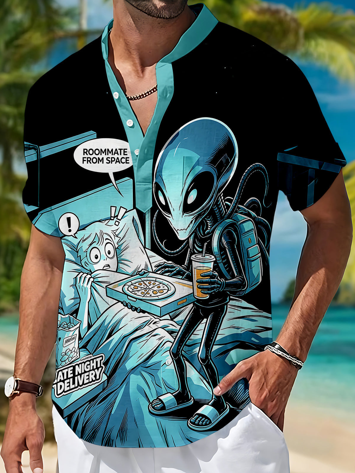 Dark Fun Space Alien Roommate Comic Men's Pocket Short Sleeve Stand Collar Shirts