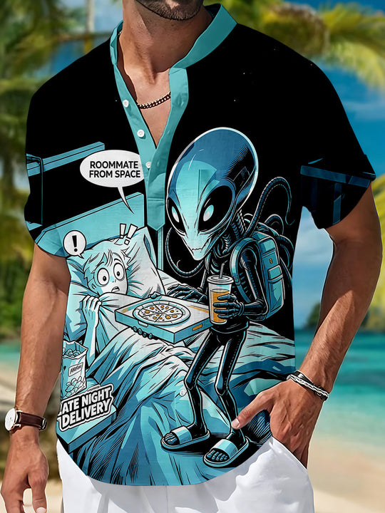 Dark Fun Space Alien Roommate Comic Men's Pocket Short Sleeve Stand Collar Shirts