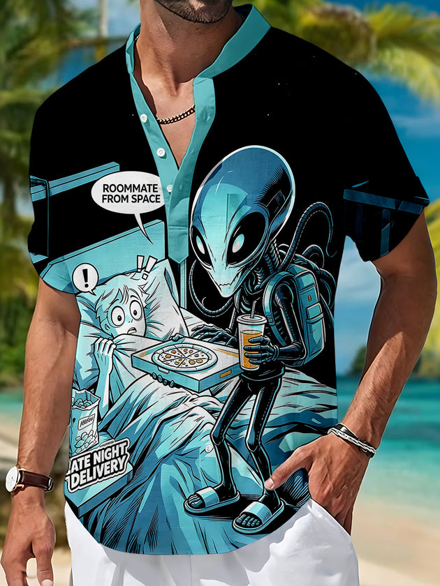 Dark Fun Space Alien Roommate Comic Men's Pocket Short Sleeve Stand Collar Shirts