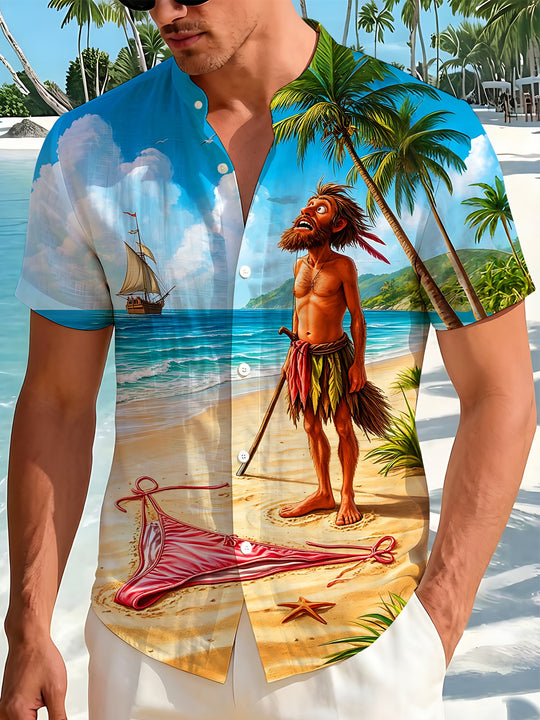 Fun Hawaiian Desert Island Savage Beach Landscape Men's Pocket Short Sleeve Stand Collar Shirts