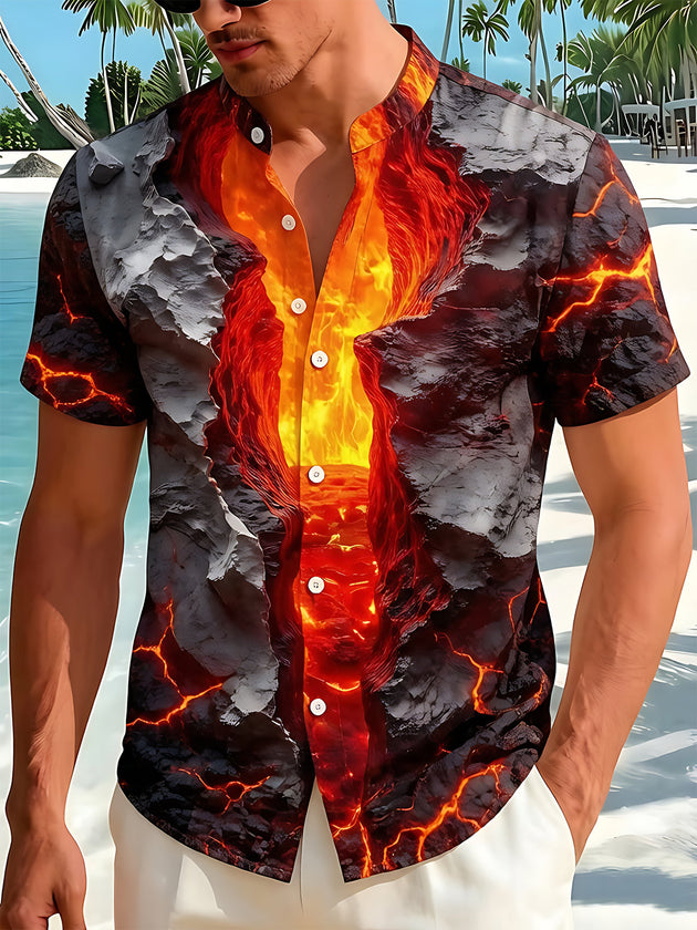 3D Volcano Lava Cracked Rocks Men's Pocket Short Sleeve Stand Collar Shirts