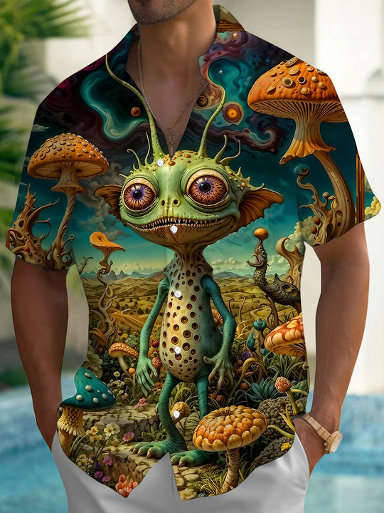 Vintage Fantasy Psychedelic Mushroom Alien Creature Art Men's Pocket Short Sleeve Shirts