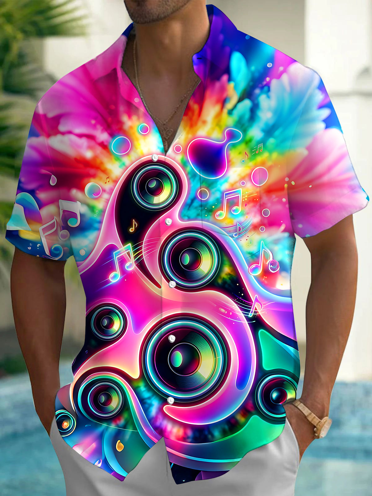 Neon Colorful Tie Dye Music Speaker Notes Men's Pocket Short Sleeve Shirts