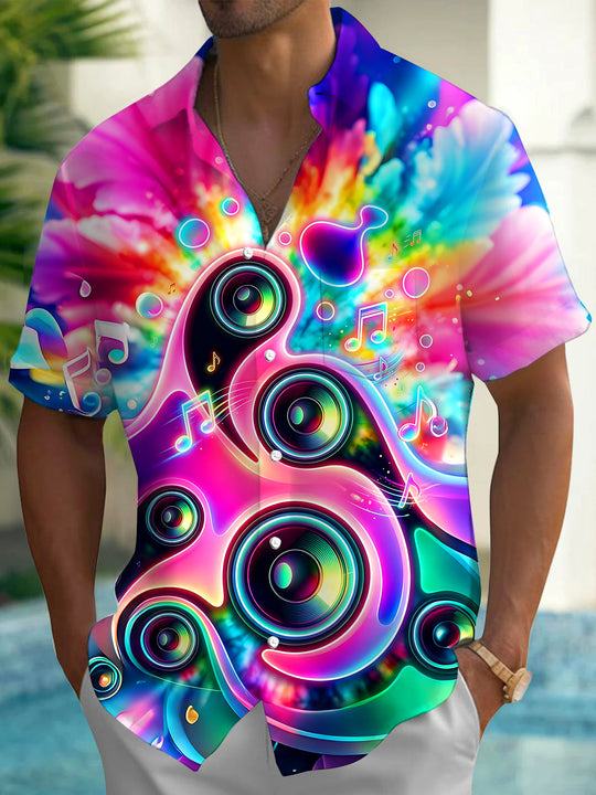 Neon Colorful Tie Dye Music Speaker Notes Men's Pocket Short Sleeve Shirts