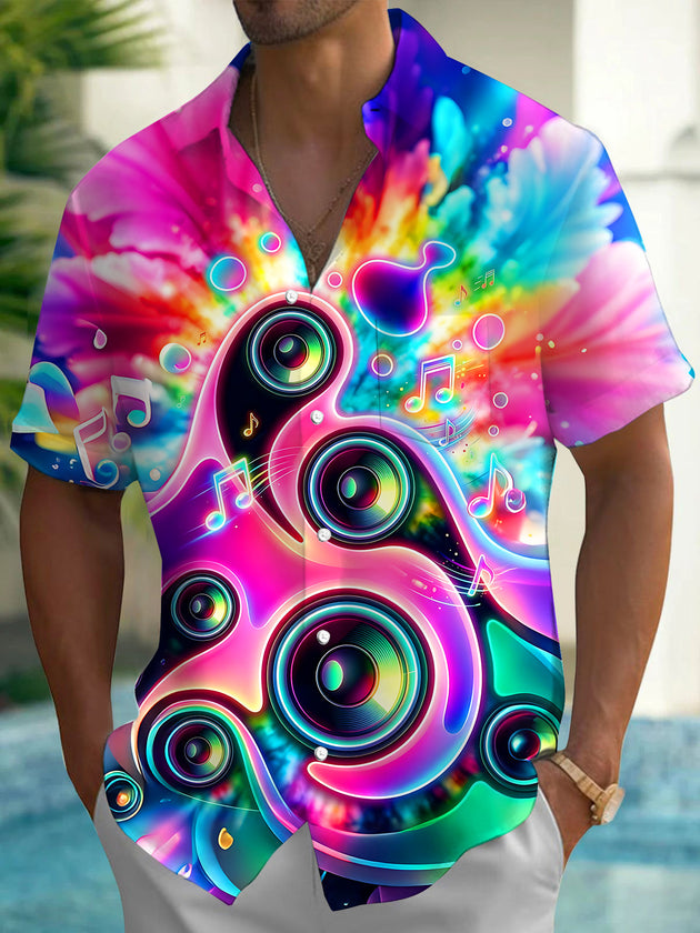 Neon Colorful Tie Dye Music Speaker Notes Men's Pocket Short Sleeve Shirts