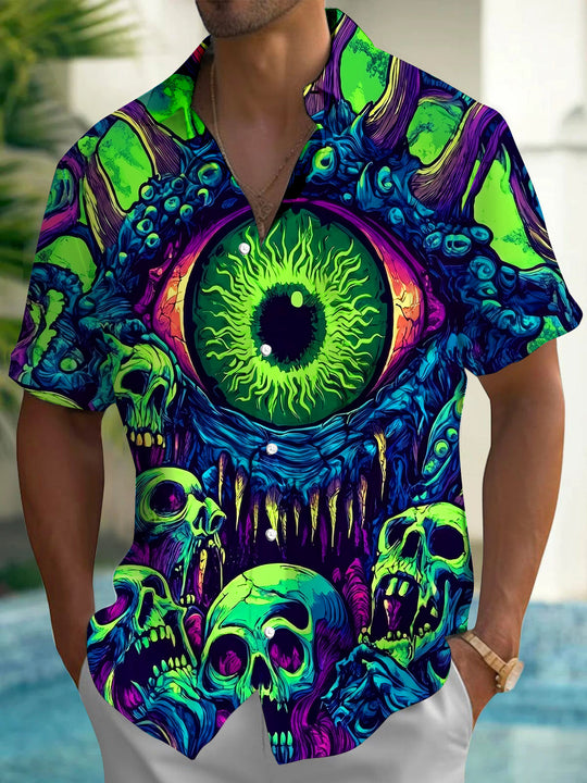 Dark Psychedelic Green Eyed Skull Octopus Men's Pocket Short Sleeve Shirts