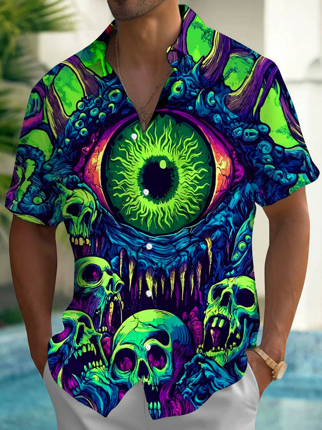 Dark Psychedelic Green Eyed Skull Octopus Men's Pocket Short Sleeve Shirts