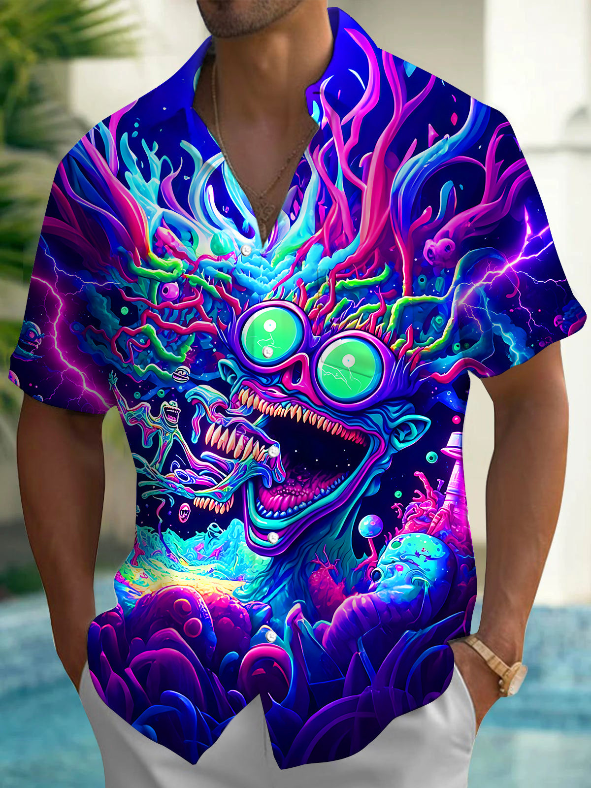 Cyber Neon Monster Lightning Psychedelic Abstract Men's Pocket Short Sleeve Shirts