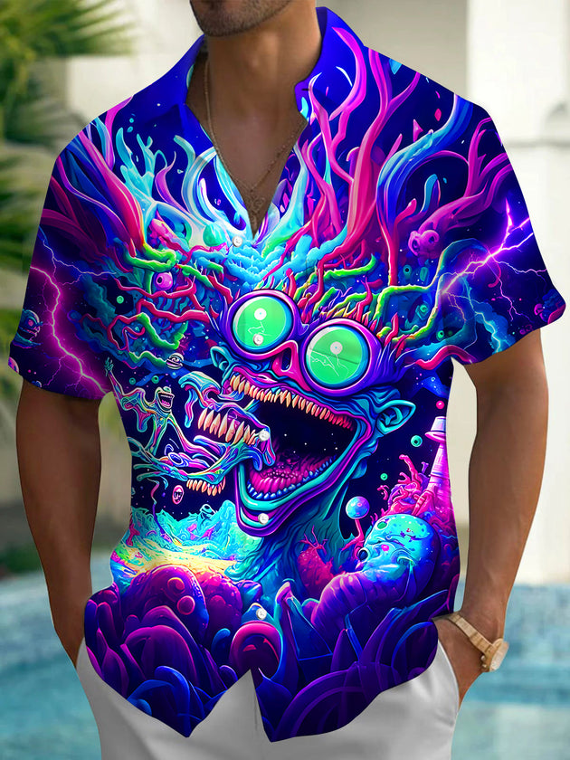 Cyber Neon Monster Lightning Psychedelic Abstract Men's Pocket Short Sleeve Shirts