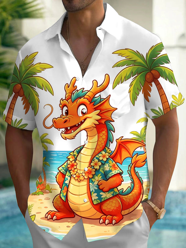 Fun Dragon Hawaiian Beach Coconut Tree Vacation Men's Pocket Short Sleeve Shirts