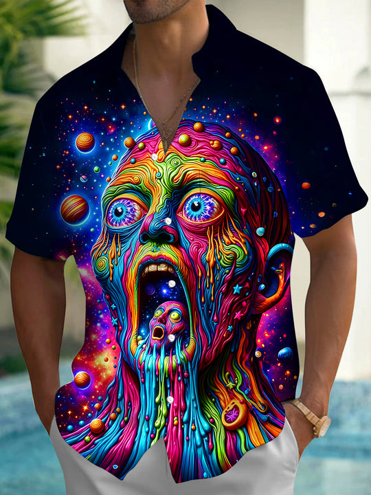 Dark Glowing Colorful Cosmic Planet Psychedelic Abstract Fluid Art Face Men's Pocket Short Sleeve Shirts