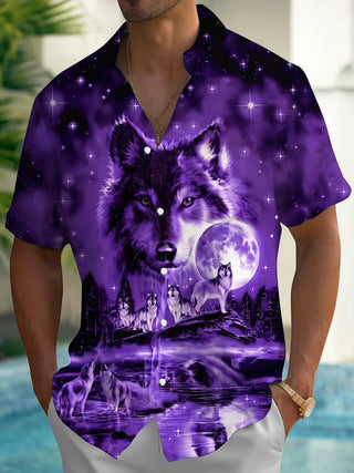 Adaychic Men's Graphic 3D Purple Wolf Moon Print Short Sleeve Button Down Shirt with Chest Pocket