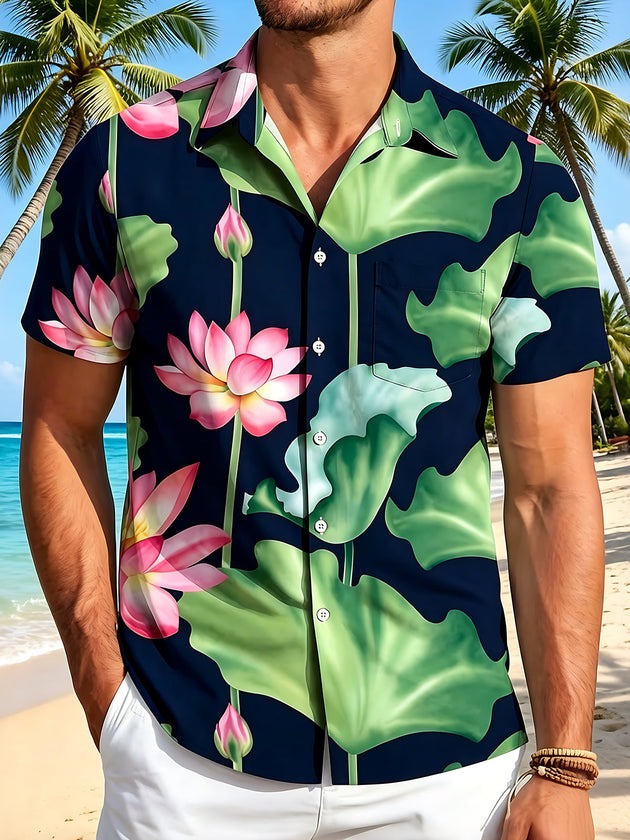 Hawaiian Lotus Flowers And Leaves Men's Pocket Short Sleeve Shirts