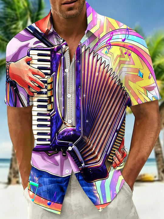 Vintage Glowing Colorful Accordion Music Men's Pocket Short Sleeve Shirts