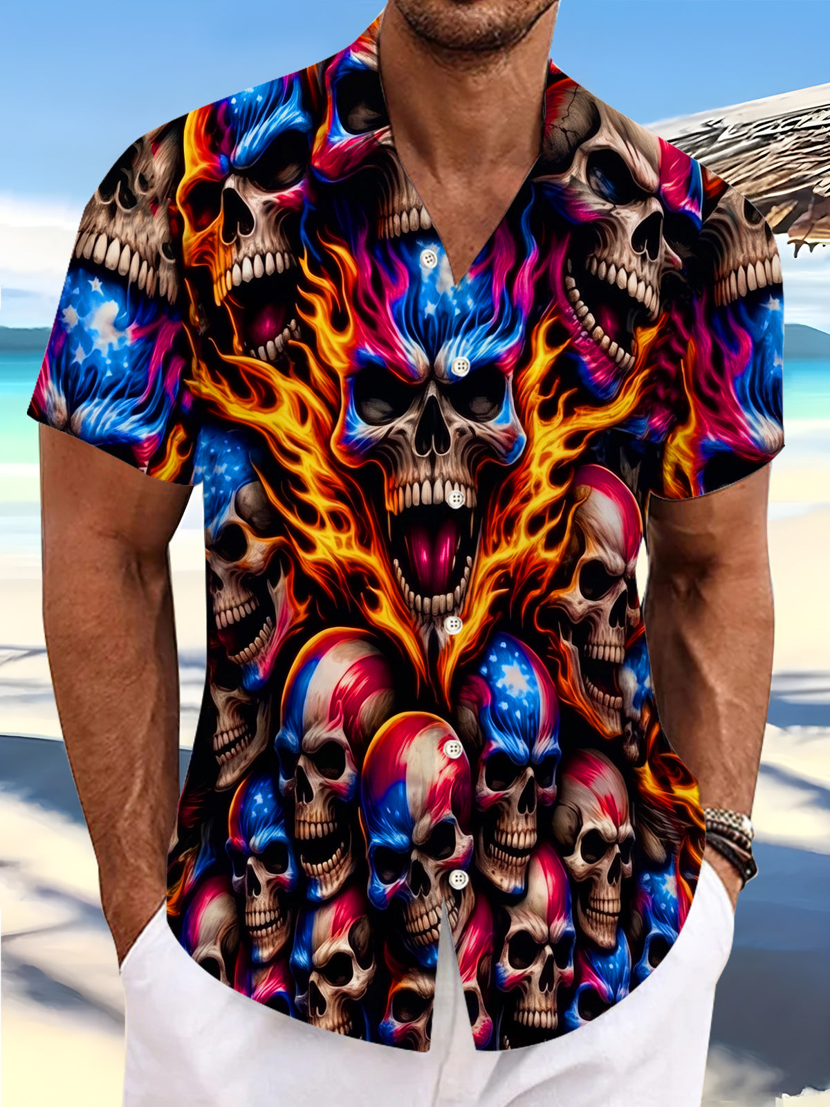 Dark Vintage Rock Flame Star Spangled Banner Skulls Men's Pocket Short Sleeve Shirts