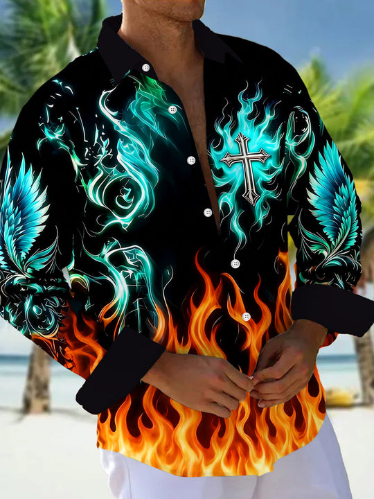 Dark Cyan Flame Cross Religious Wings Men's Pocket Long Sleeve Shirts