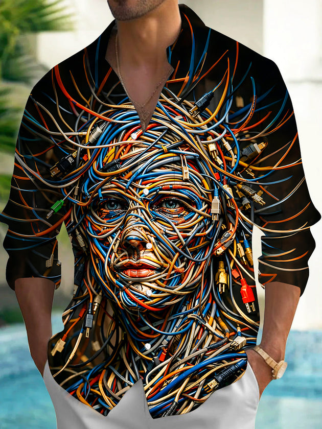 Art Cable Data Wire Human Face Men's Pocket Long Sleeve Shirts