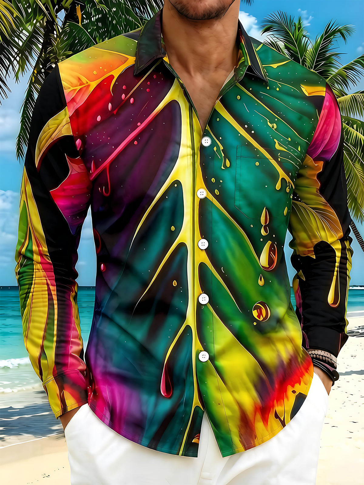 Hawaiian Colorful Gradient Leaf Water Drop Men's Pocket Long Sleeve Shirts