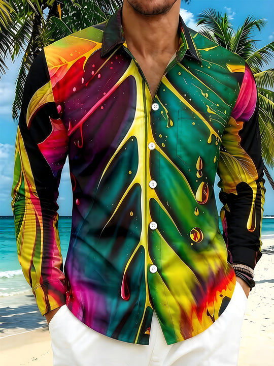 Hawaiian Colorful Gradient Leaf Water Drop Men's Pocket Long Sleeve Shirts